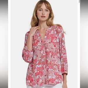 NYDJ Pintuck Blouse Size Medium Pink Multi Floral Top